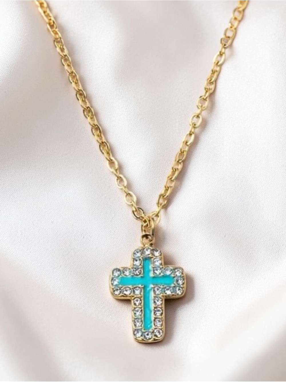 Plunder Gold-Tone Cross Necklace with Turquoise Inlay and Crystal Accents